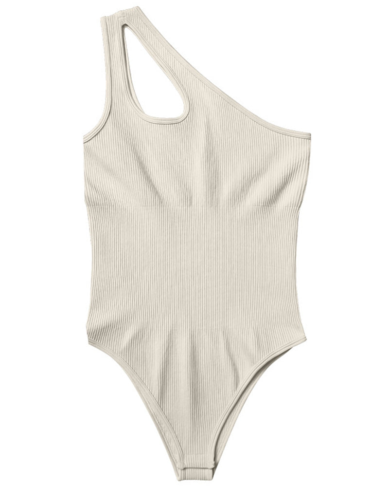 Fashion Ribbed One Shoulder Tummy Control Sexy Bodysuits
