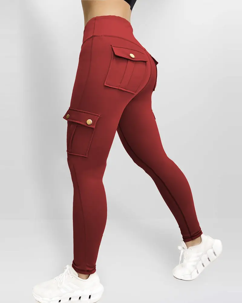 Pocket Design Butt Lifting Active Pants DarkRed
