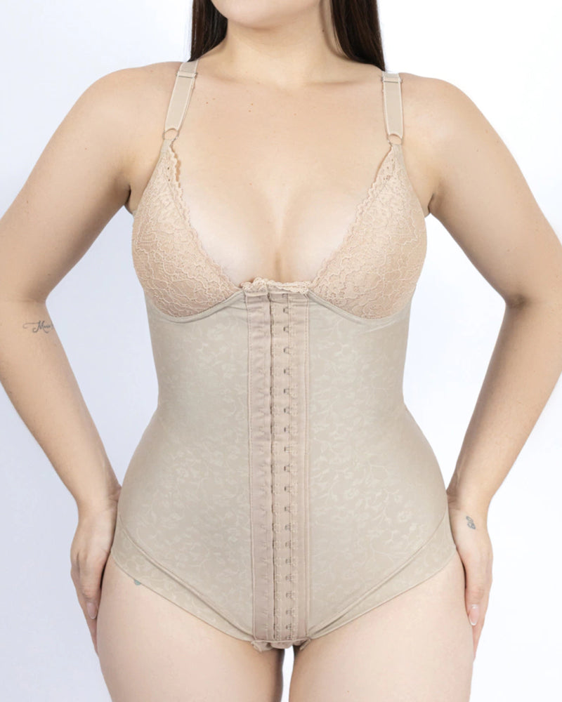 Buttoned Lace Bust-enclosing Bodysuit Shapewear Beige