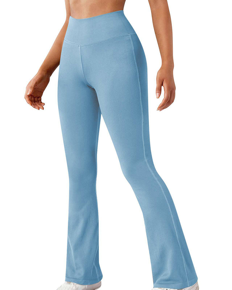 Fashion Ribbed Wide-leg Flared Yoga Leggings Lightblue