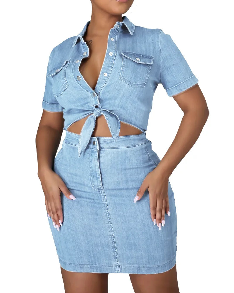 Womens Sexy Button Shirt Package Hip Denim Dress Set