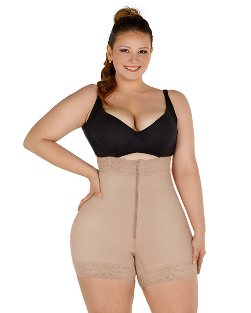 Women High Waist Front Zipper Booty Shaper Colombian Shapewear Short Tan