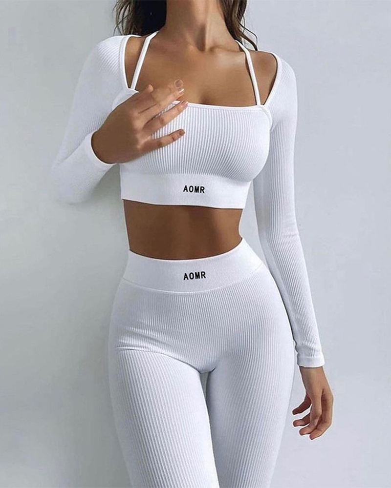 Solid Color Knitted Letter Tight Suits White