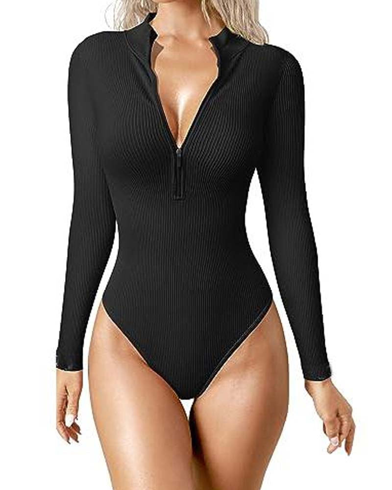 Fashion Long Sleeve Zipper Front Sexy Ribbed Tights Black