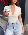 One-piece Short-sleeved Front-zip Briefs Jumpsuit Beiges
