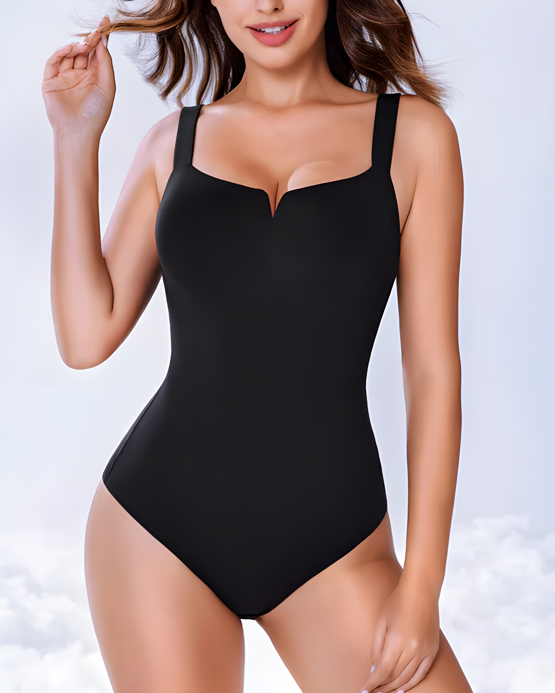 Seamless Square Neck Slimming Thong Bodysuit Black