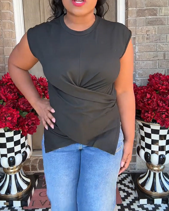 Casual Asymmetrical Criss Cross Back Tie Top For Women's Knitted Round Neck Drop Shoulder Sleeve T-Shirt Black