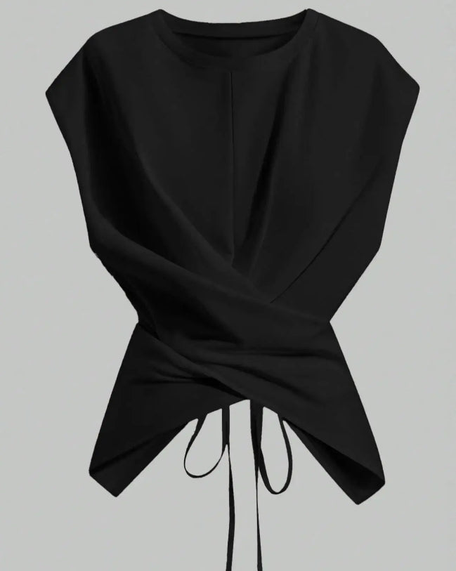 Casual Asymmetrical Criss Cross Back Tie Top For Women's Knitted Round Neck Drop Shoulder Sleeve T-Shirt