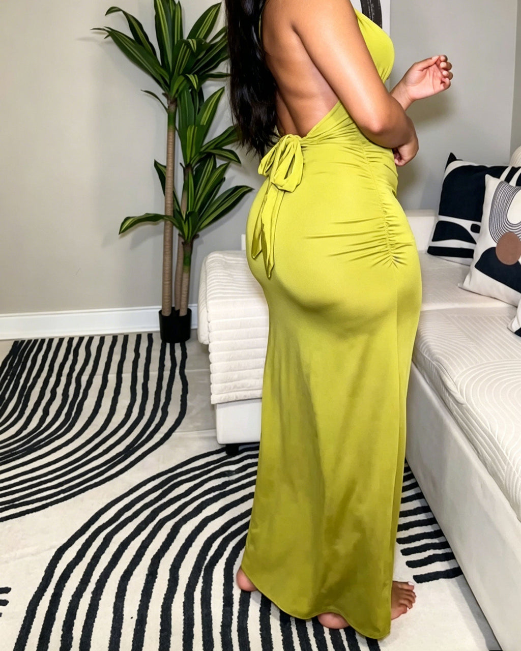 Halter Neck Open Back Ruched Bodycon Maxi Dress
