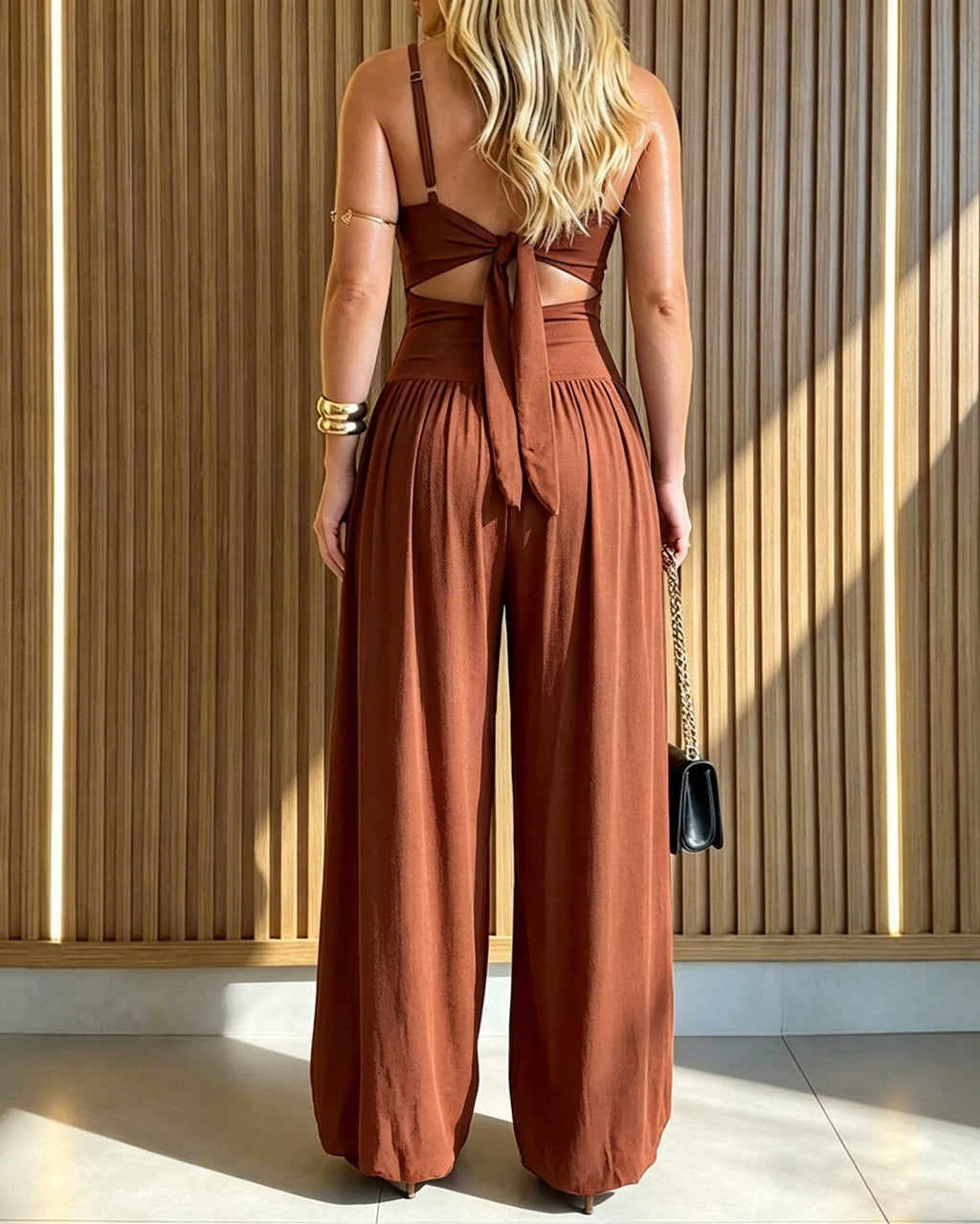 Spaghetti Strap Cutout Waist Tie-Back Wide Leg Jumpsuit