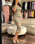Multicolor Gradient Chevron Zigzag Striped Knit Bodycon Midi Dress