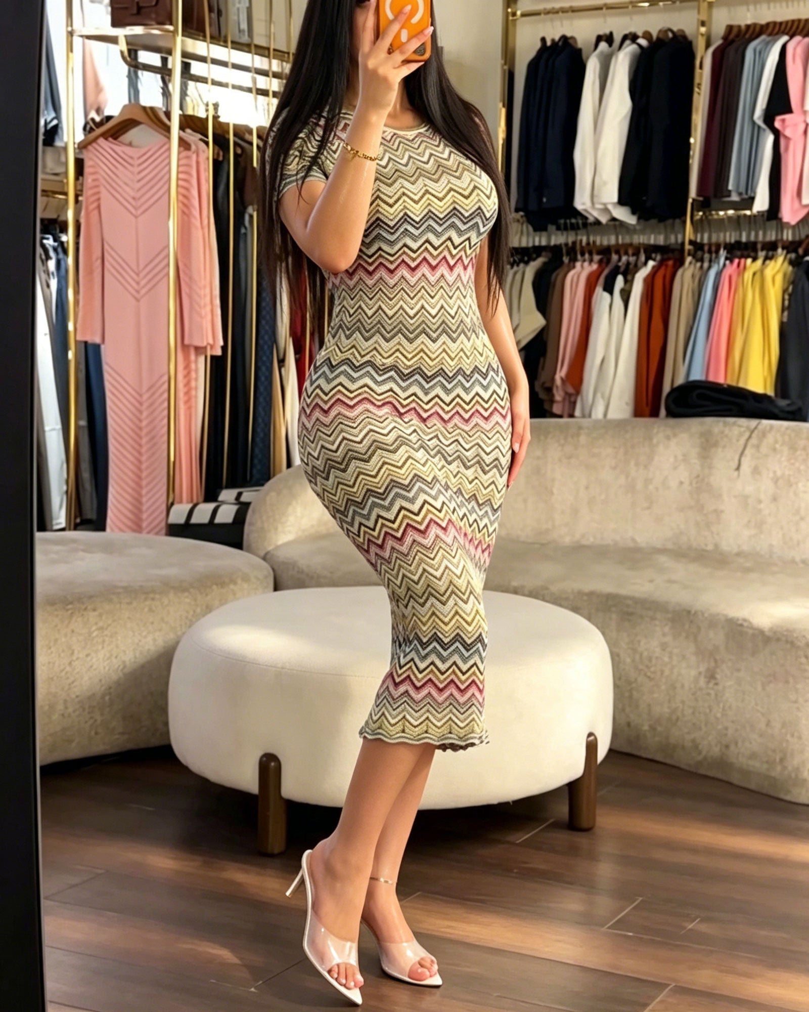 Multicolor Gradient Chevron Zigzag Striped Knit Bodycon Midi Dress