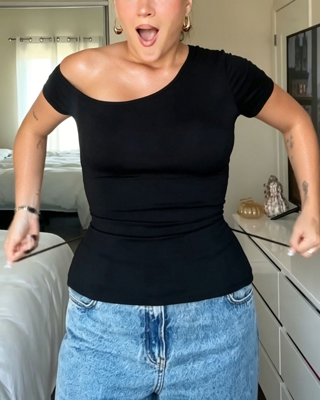 One Shoulder Short Sleeved Fitted Top With Back Tie And Pleats