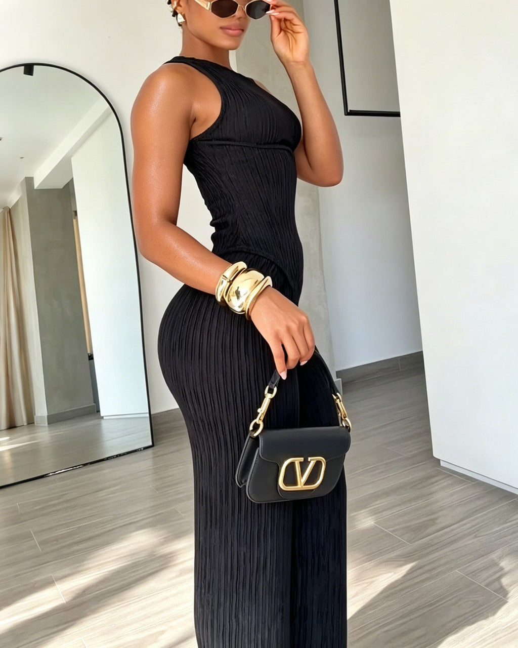 Vertical Striped Sleeveless Pointed Hem Vest And High Waisted Wide Leg Pants Two Piece set