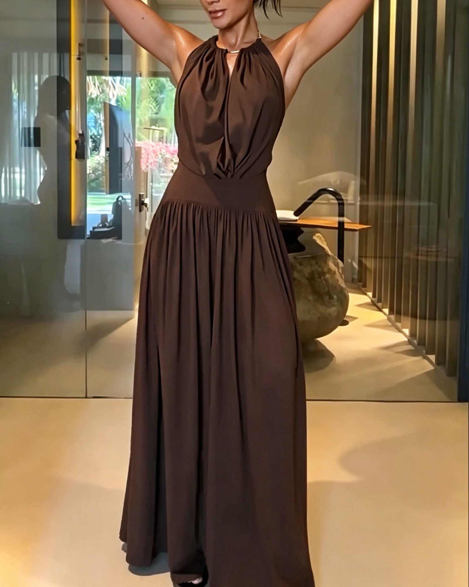 Halter Neck Draped Bodysuit & Flowy Maxi Skirt Two-Piece Set