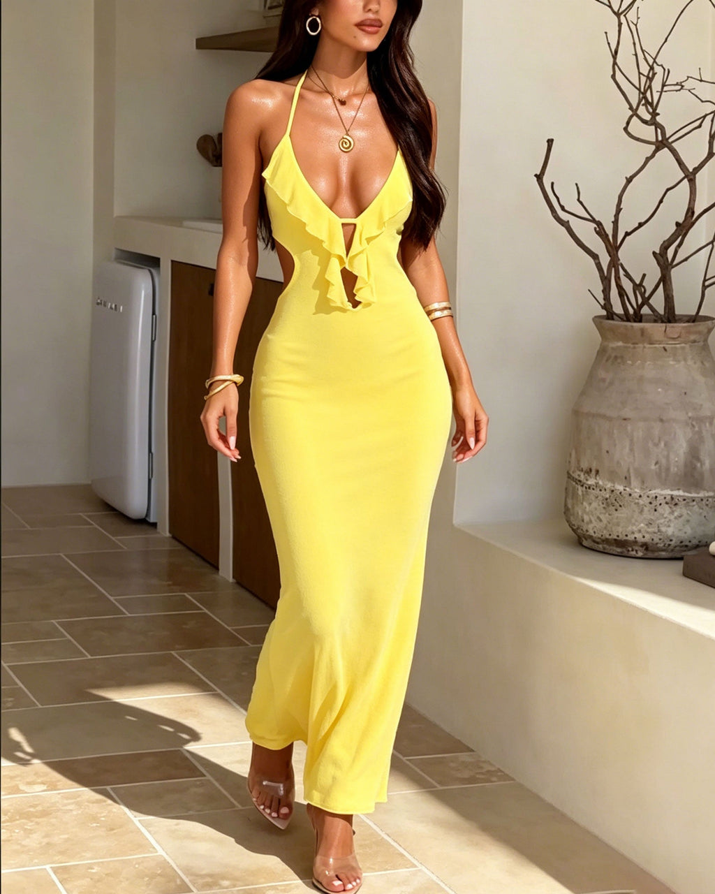 Halter Tie-Back Maxi Dress with Side Cutouts