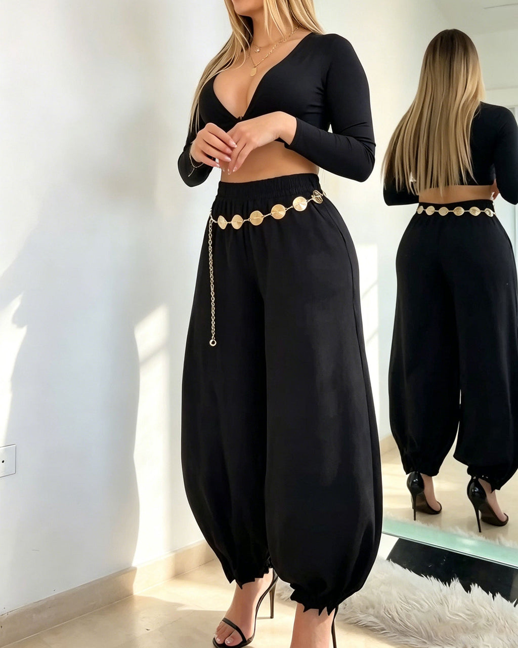 Two Piece Set: Cropped Top And Wide Leg Tapered Sweatpants