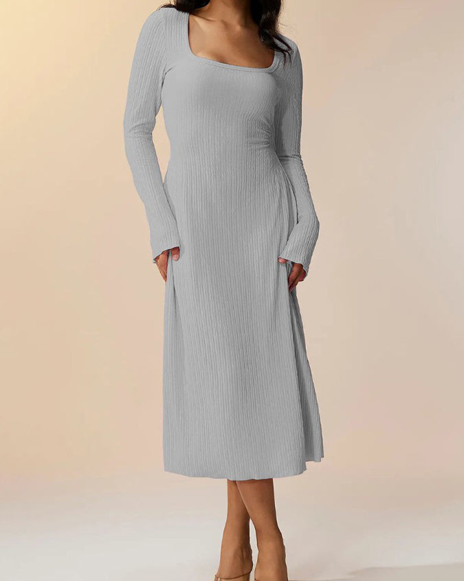 Knitted Ribbed Square Neck Long-Sleeved Tie Dress Gray