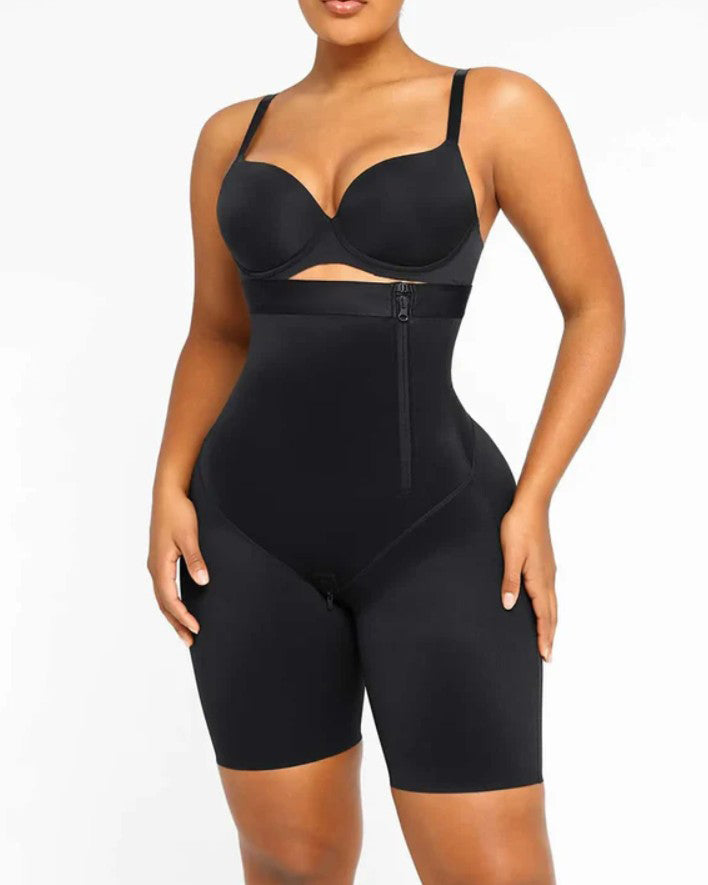 High-waist Side Zip Tummy Control Body Shaper with Straps Black
