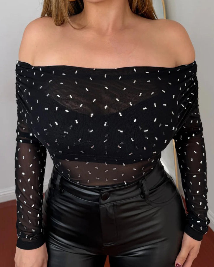 Off-Shoulder Sexy Mesh Rhinestone Top Black