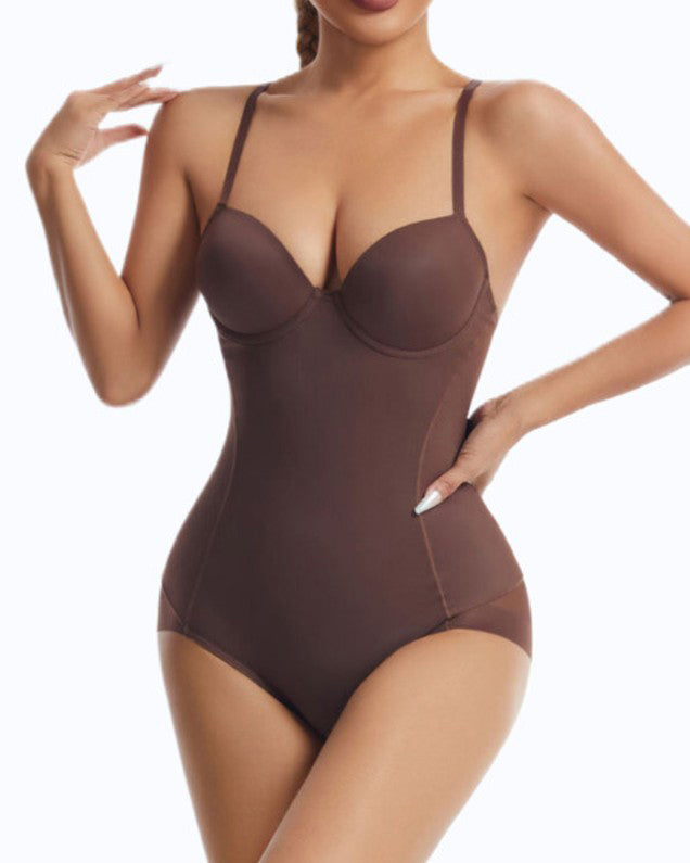 Women's V-Neck Mesh Tummy Control Thong Shaping Bodysuit