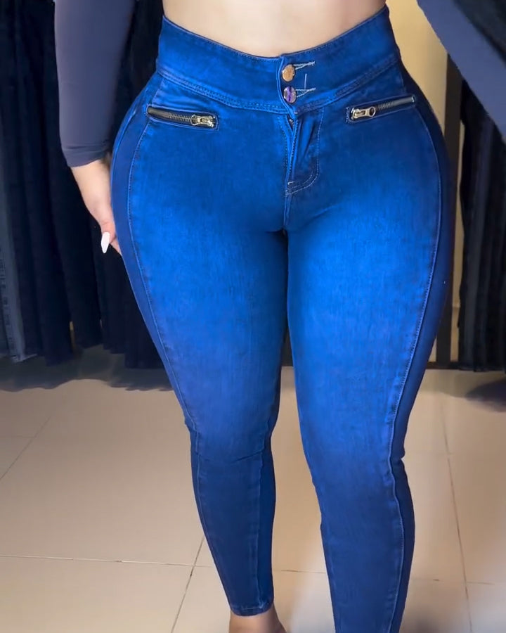Double-Breasted High-Waisted Butt Lifter Skinny Jeans