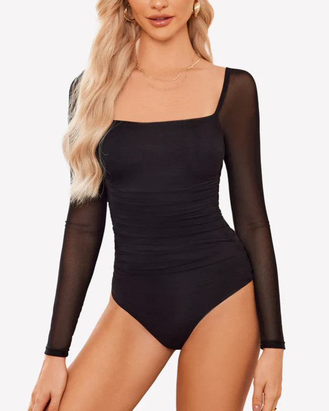 Sexy Square Neck Ruched Mesh Long Sleeve Shaping Bodysuit Black