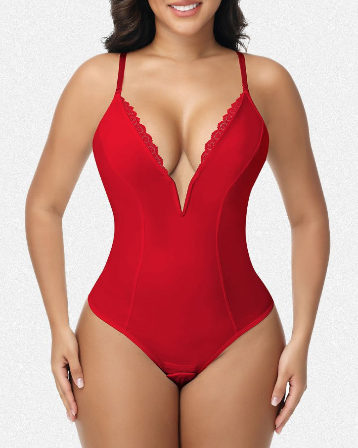 Deep V Plunge Tummy Control Slimming Bodysuit Red
