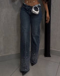 High-Waisted Rhinestone-Embellished Straight-Leg Jeans Blue