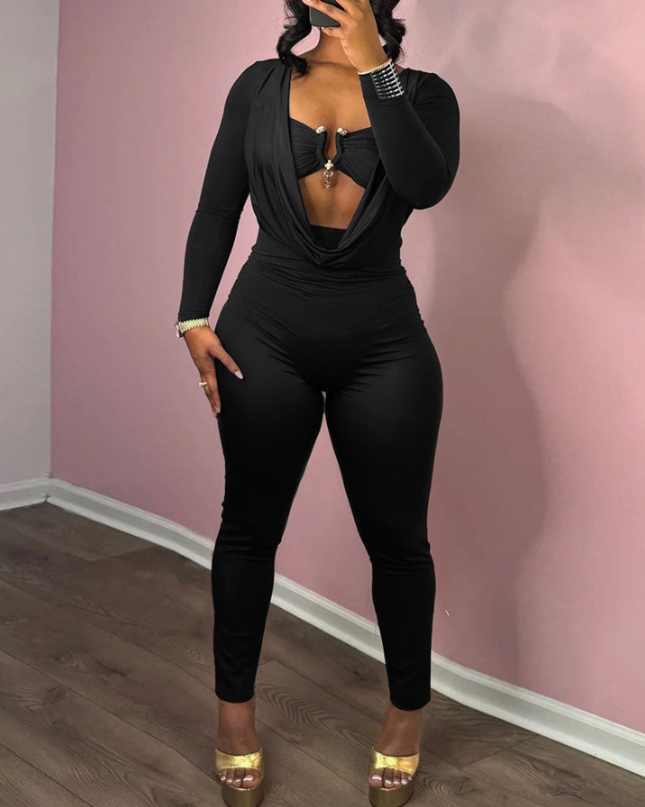 Sexy Draped Neck Slimming Long-Sleeved Jumpsuit Black