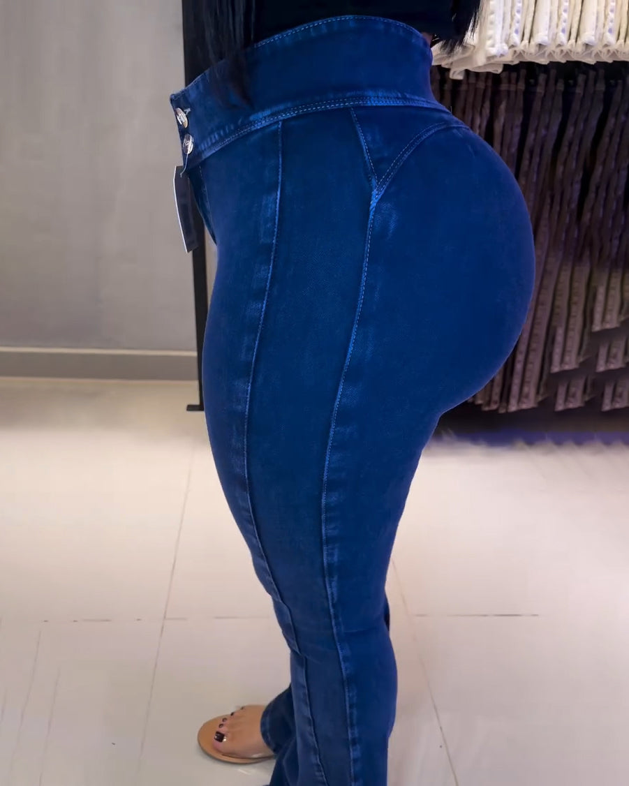 Double-Breasted Tight-Fitting High-Rise Flare Jeans