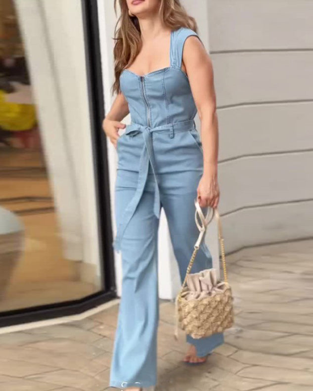 Women's Square-Neck Casual Denim Jumpsuit Lightblue