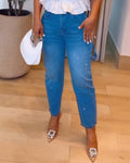 Rhinestone High-Rise Straight-Leg Jeans Lightblue