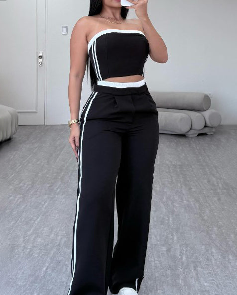 Fashion Stitching Style Tube Top Wide Leg 2 Piece Set Black