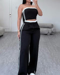 Fashion Stitching Style Tube Top Wide Leg 2 Piece Set Black