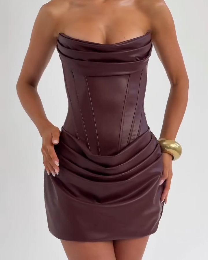 Sexy Bandeau Lace-up Leather Bodycon Dress DarkRed