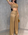 Shinny Bandeau Wide-Leg Slim Fit 2-Piece Set Tan