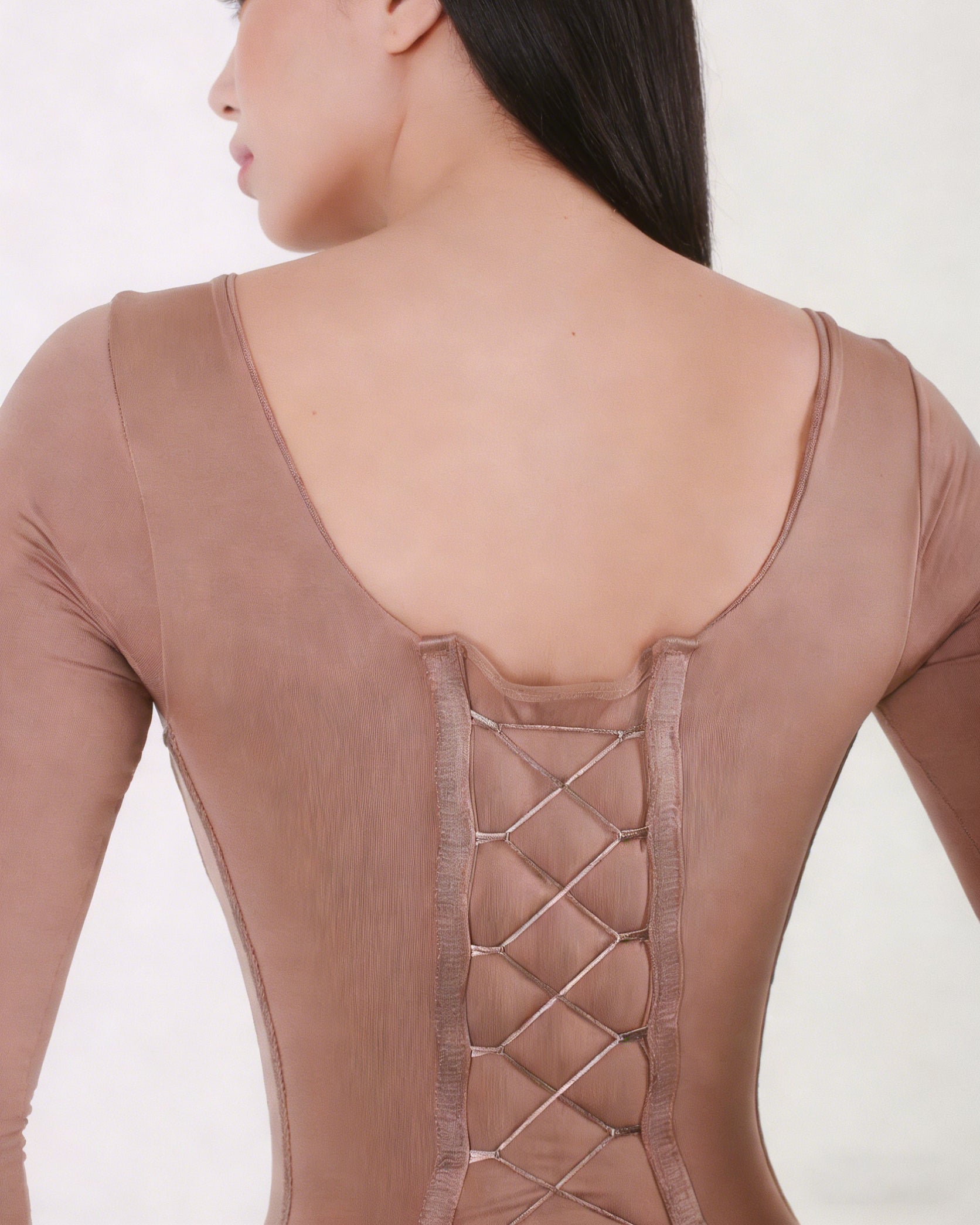 Long-sleeve Back Lace-up Thong Seamless Skinny Bodysuit