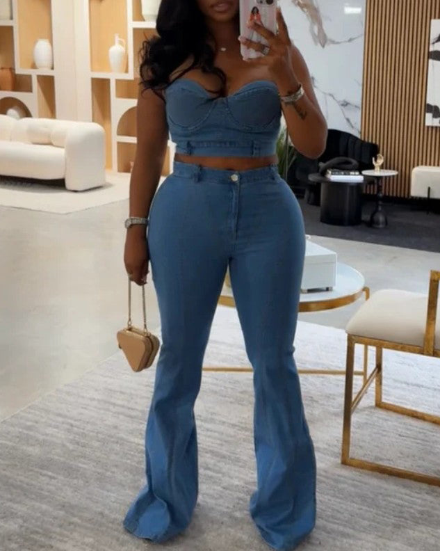 Bandeau Slim Fit Denim 2-Piece Set Blue