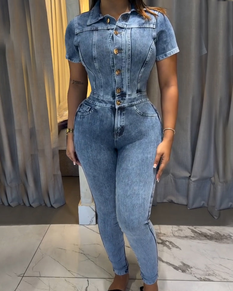 Women's Slim-Fit Denim Jumpsuit Lightblue