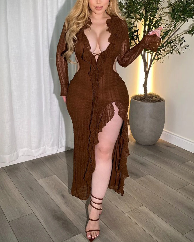 Women's Long-Sleeved Side-Slit Cutout Dress Brown