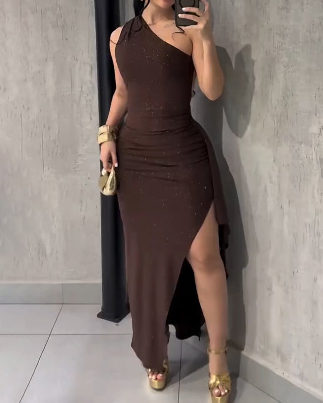 Women's Side-Slit Off-Shoulder Sparkling Bodycon Dress Brown