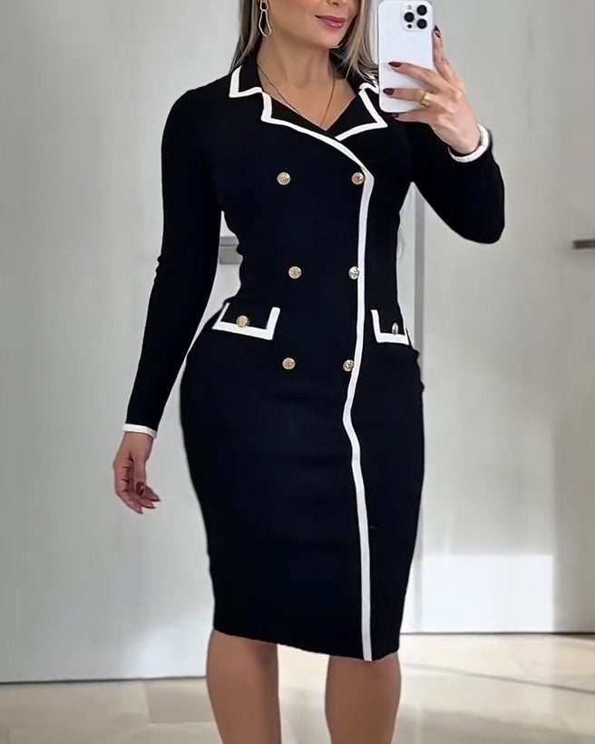 Color-Blocked Knit Long-Sleeved Bodycon Dress Black