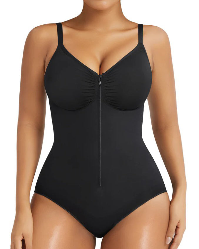 Seamless Ribbed Front Zipper Slim Tummy Control Bodysuit Black