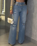 Women's High-Stretch Ripped Wide-Leg Jeans Lightblue