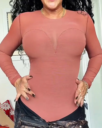 Sheer Mesh Long Sleeve Slimming Thong Bodysuit Brown
