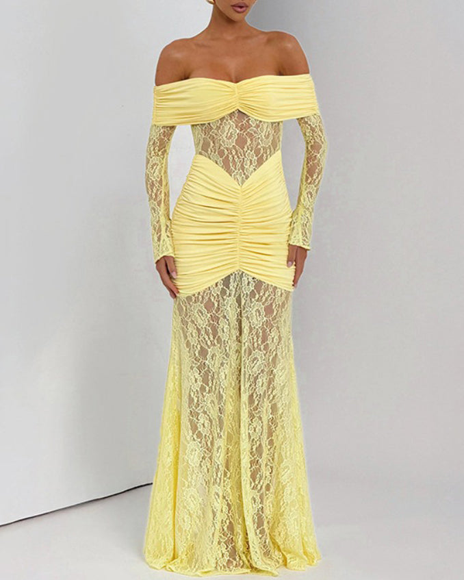 Sexy Lace Off-Shoulder Slit Long-Sleeved Dress Yellow