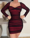 Long-sleeved Mesh Ruched Bodycon Dress DarkRed