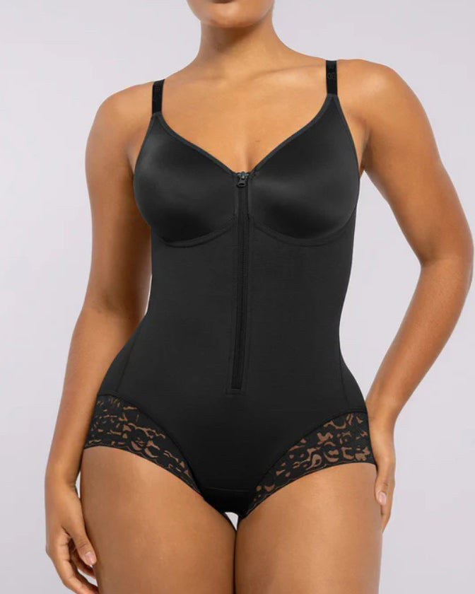 Front-Zip Sleeveless Tummy Sculpt Bodysuit Black