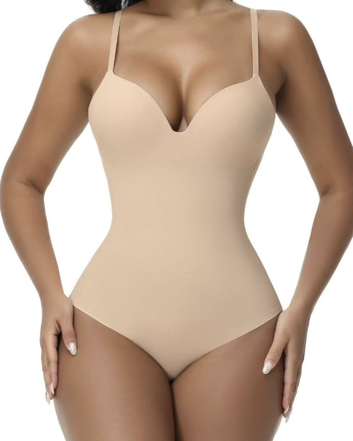 V-Neck Seamless Tummy Control Bodysuit Tan